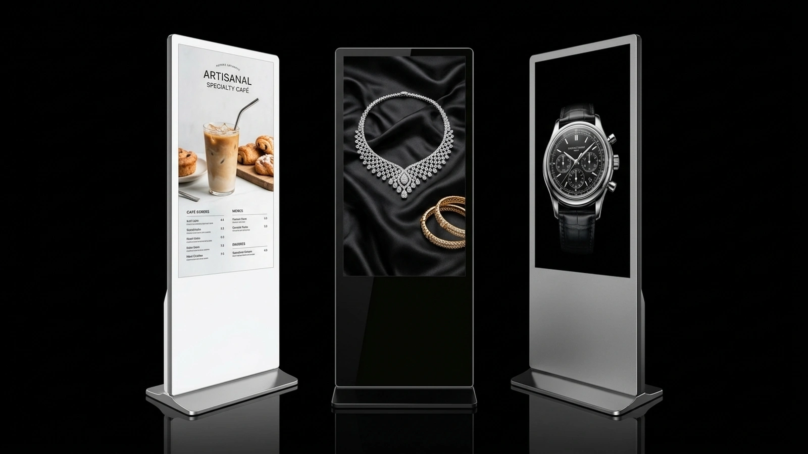PixelSpot digital standees lineup displaying cafe menu, luxury jewelry, and chronograph watch advertisements