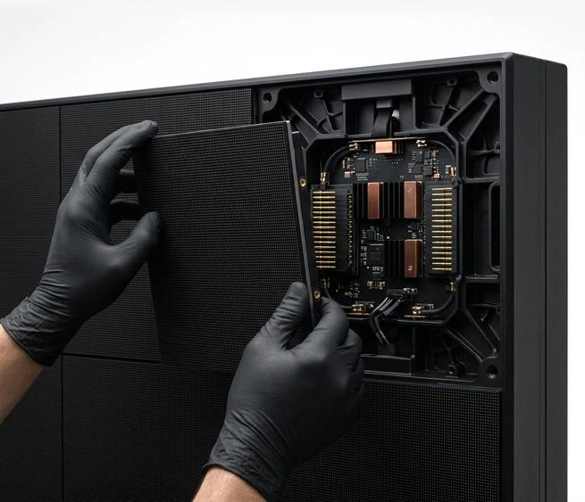Front-service modular LED screen maintenance with precision magnetic alignment