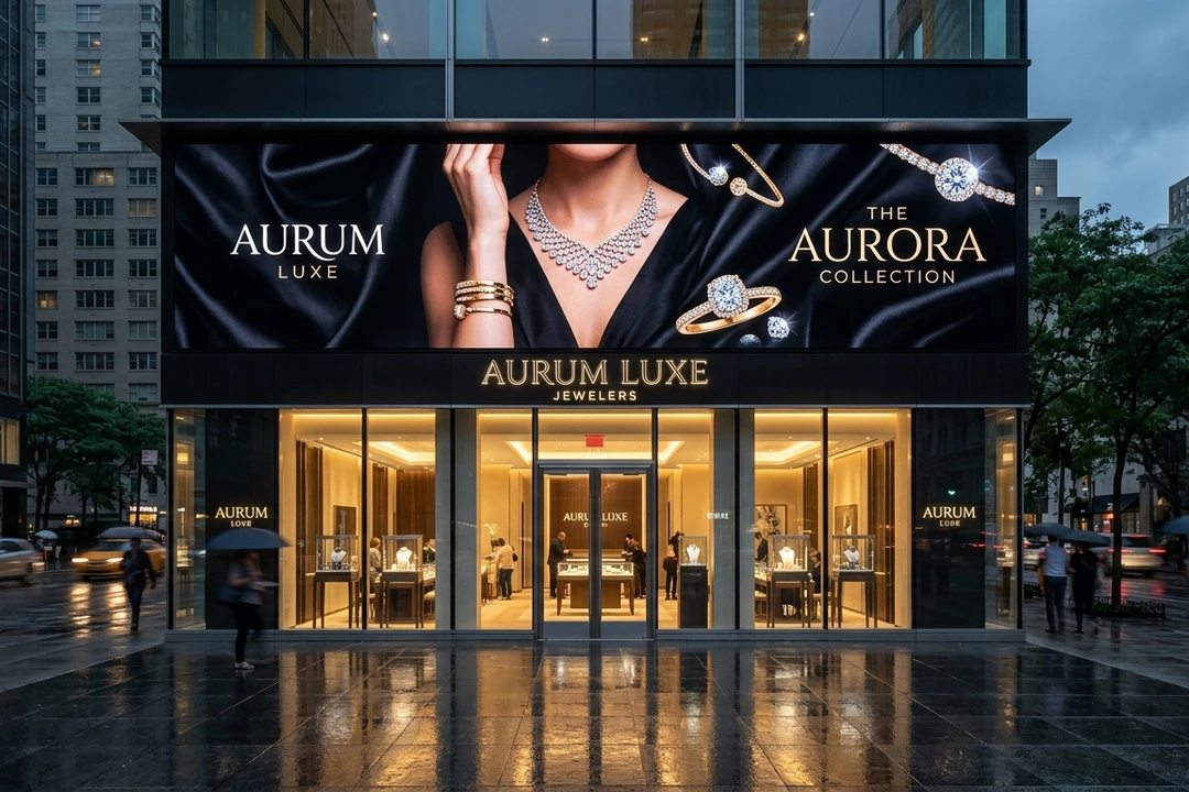 PixelSpot outdoor LED video wall on luxury jewelry showroom facade displaying diamond collection in monsoon rain