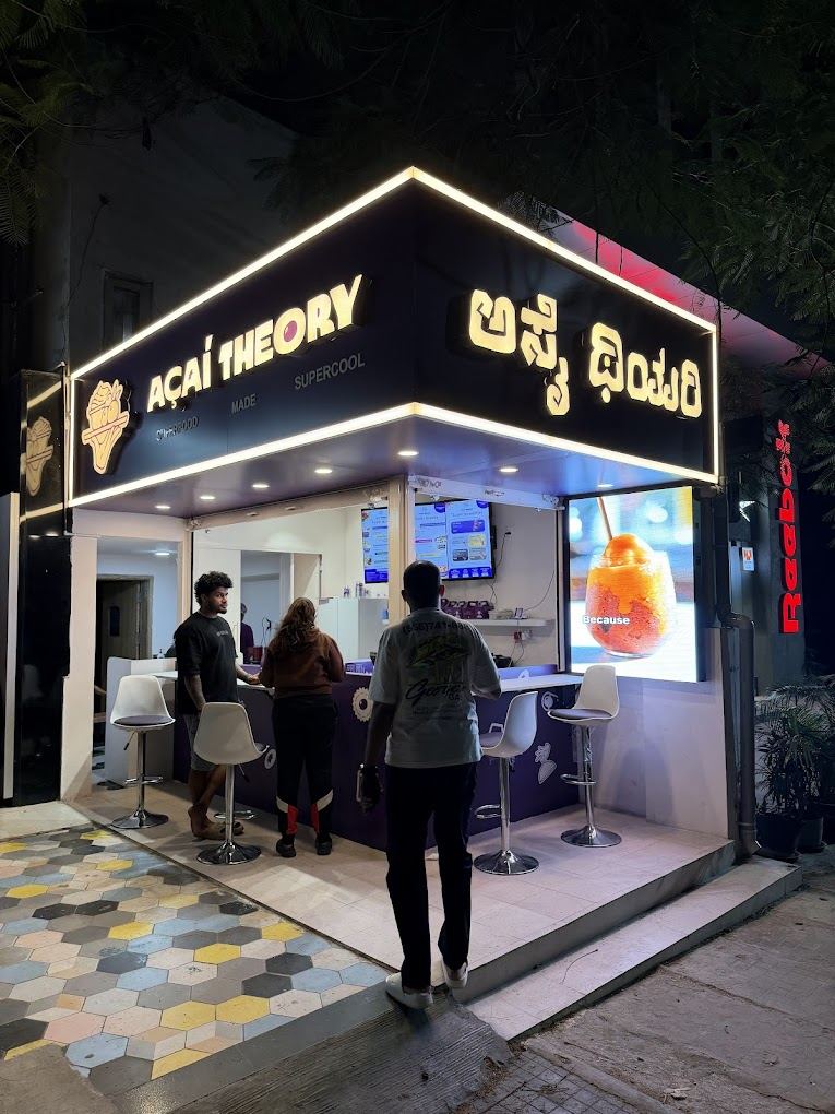 Storefront LED wall on an Indiranagar high street at night, installed by PixelSpot