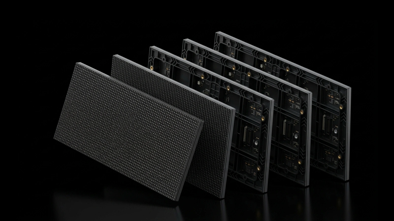 Precision 320mm by 120mm LED video wall modules fanned out in dynamic cascade showing black dotted diode matrix and structural die-cast chassis