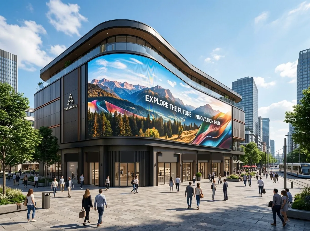 Curved outdoor LED video wall on a building facade above a row of street-level shopfronts
