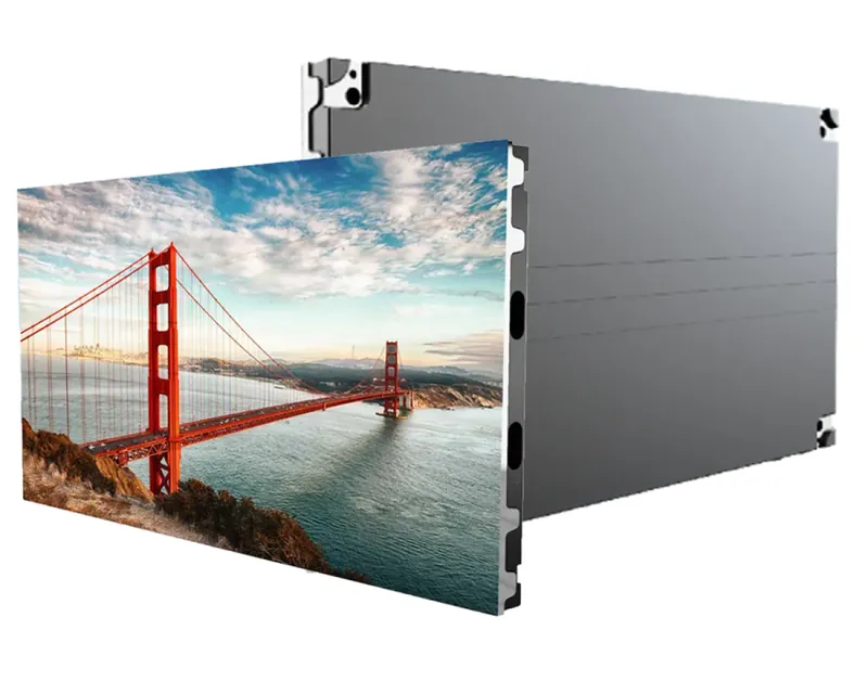 An indoor LED cabinet seen front and back: a bright landscape image on the face, the flat metal housing behind