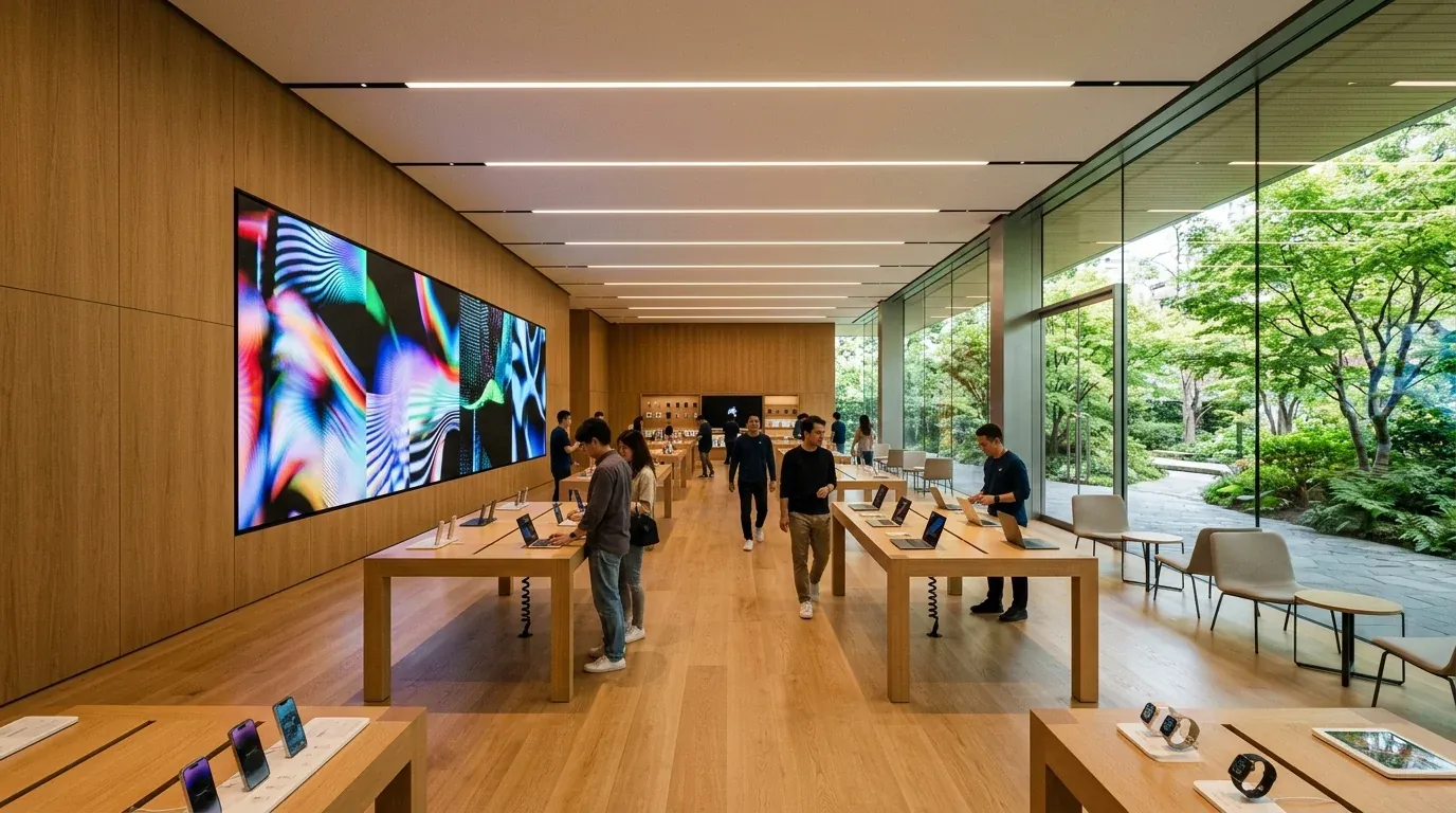 Illustration of a wide LED wall on a timber-panelled wall inside a bright retail store