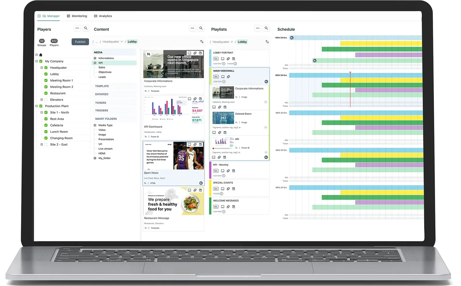 PxlOS content manager on a laptop, showing screens, playlists and a time-of-day schedule