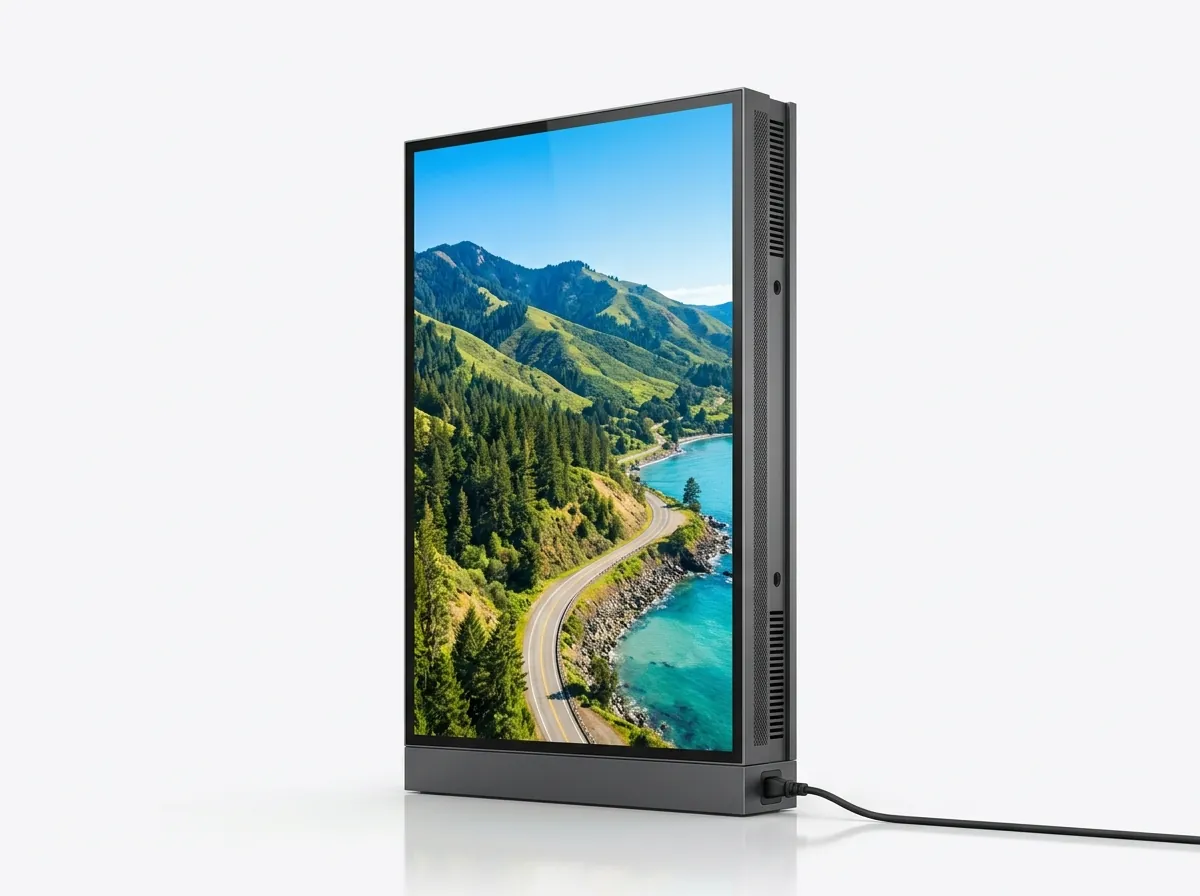 LED display cabinet with ventilation slots along its side and a single power cable at the base