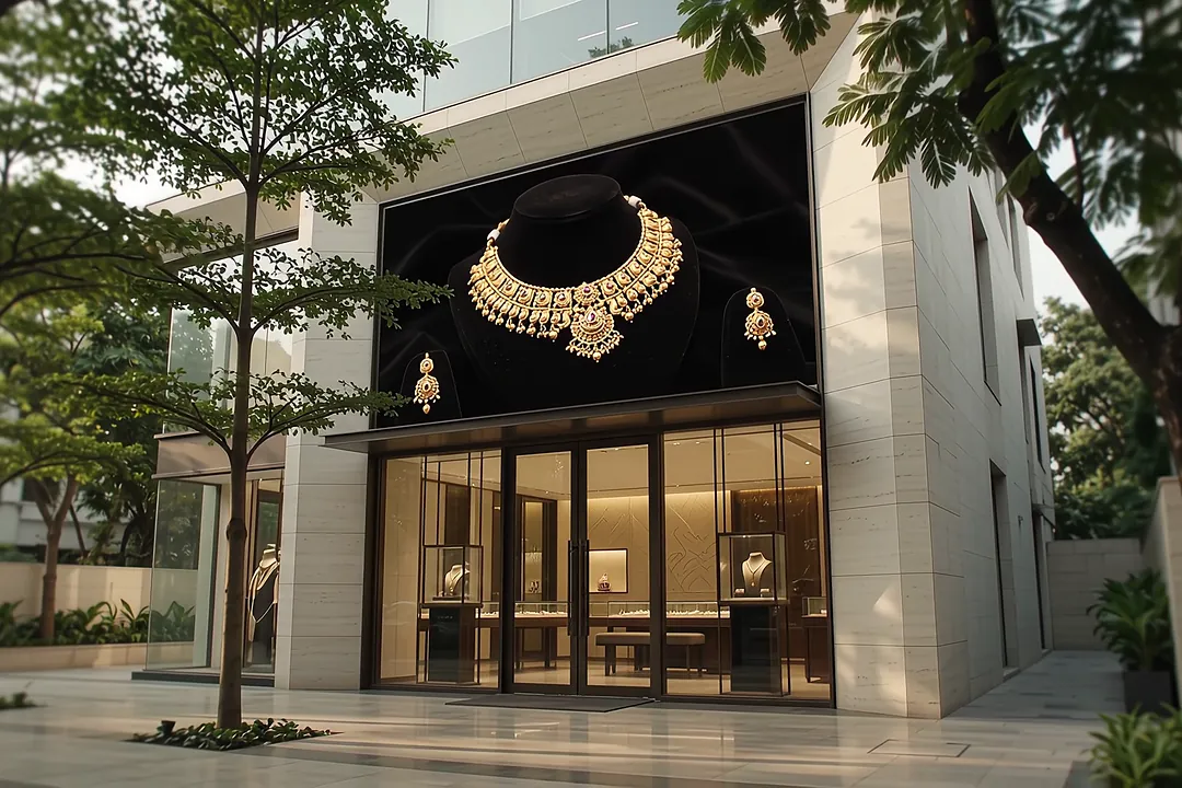 Outdoor LED video wall across a jewellery storefront (illustration)