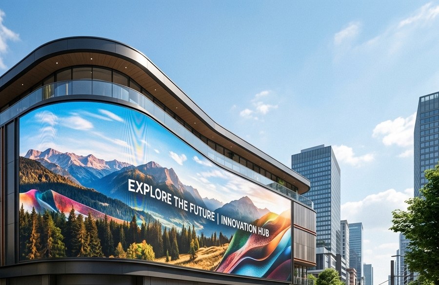 Large-format outdoor LED facade read from across a plaza, the kind of distance a P8 hoarding pitch is built for