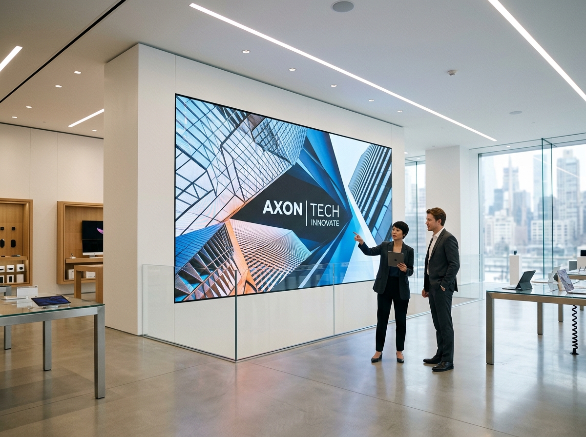 Indoor fine-pitch LED wall in a bright showroom reception, the kind of 1.5 to 3 m viewing setting a P1.5 wall suits