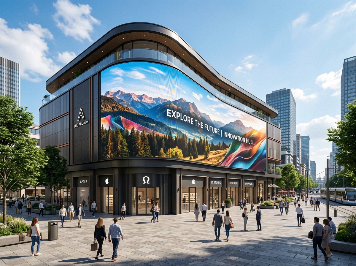 Outdoor P4 LED wall on a curved shopfront facade, read by shoppers from the pavement at 4 m and beyond